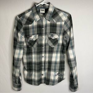Harley Davidson Long Sleeve Plaid Flannel Shirt Embroidered Green Gray Women's S
